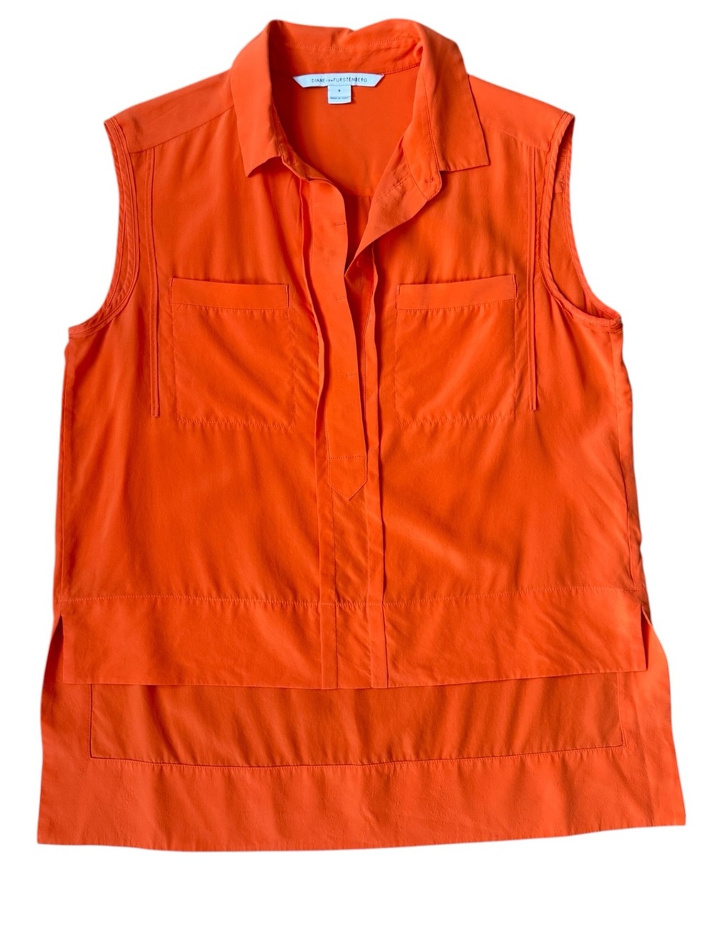 Diane von Furstenberg Lensley Silk Blouse  8 Sleeveless Tunic Top Orange
